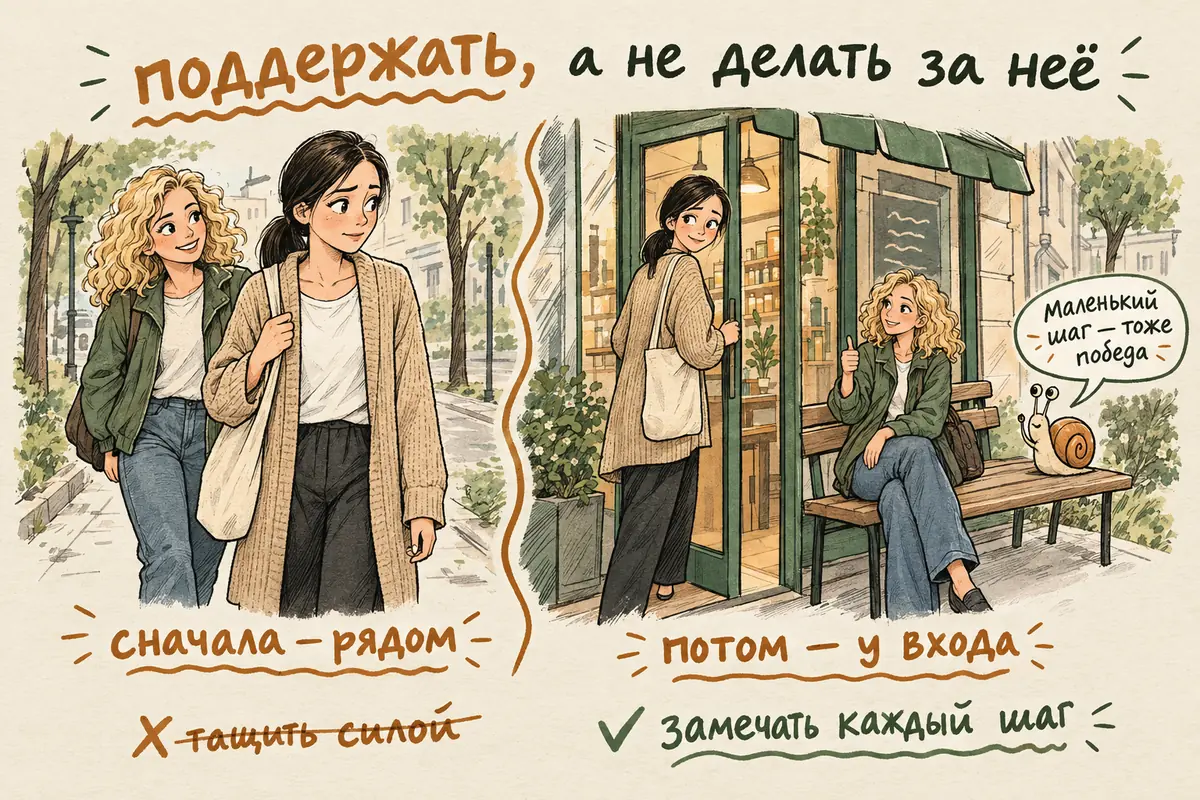 Как поддержать близкого с агорафобией: подруга идёт рядом с героиней по улице, а потом ждёт её у входа в магазин