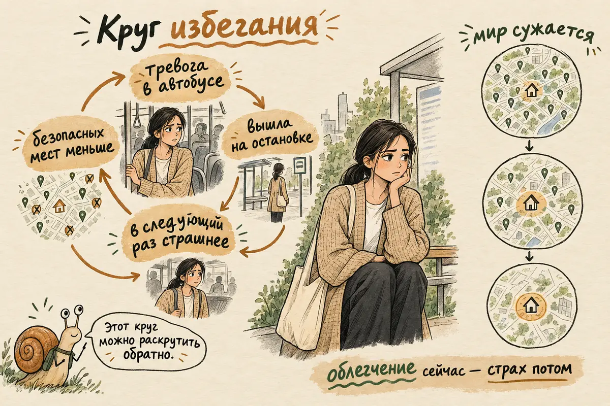 Замкнутый круг агорафобии: тревога в ситуации, уход и облегчение, ещё больше страха в следующий раз, круг безопасных мест сужается