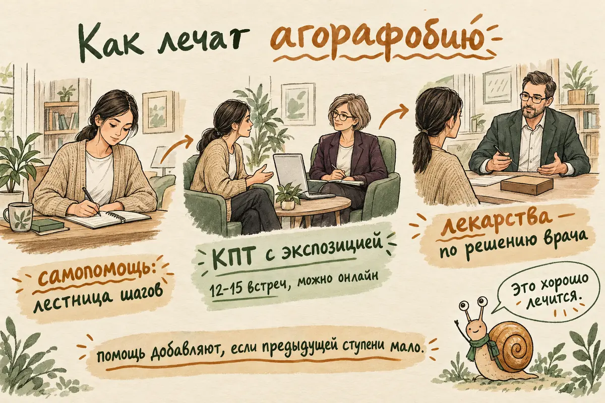 Как лечат агорафобию: ступенчатая помощь от самопомощи к КПТ с экспозицией и, если нужно, лекарствам по назначению врача