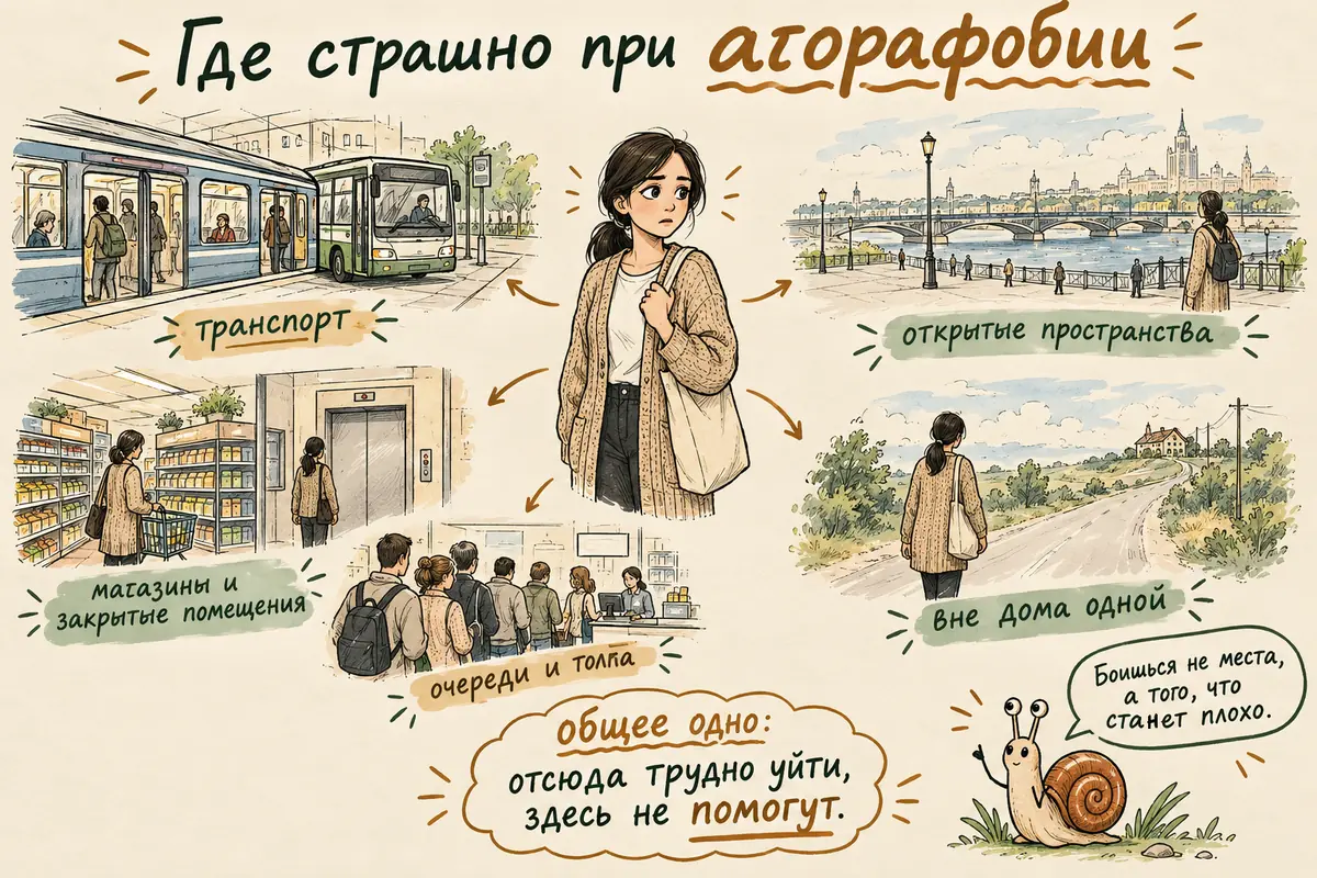 Ситуации, которых боятся при агорафобии: транспорт, открытые пространства, магазины и закрытые помещения, очереди и толпа, быть вне дома одному