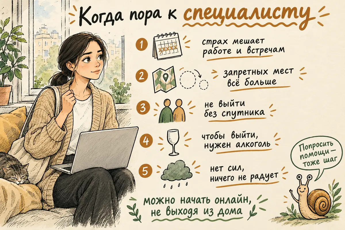 Когда идти к врачу при агорафобии: страх мешает работе и встречам, растёт список запретных мест, нельзя выйти без спутника, нужен алкоголь, чтобы выйти
