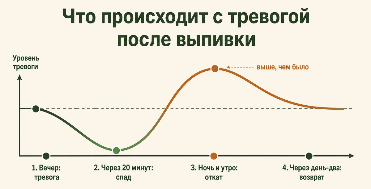 График уровня тревоги после выпивки: вечером тревога, через 20 минут спад, ночью и утром откат выше исходного уровня, через день-два возврат