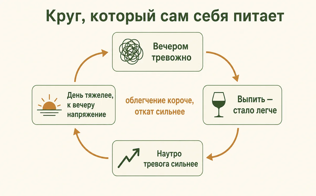 Круг: вечером тревожно, выпить — стало легче, наутро тревога сильнее, день тяжелее и к вечеру напряжение