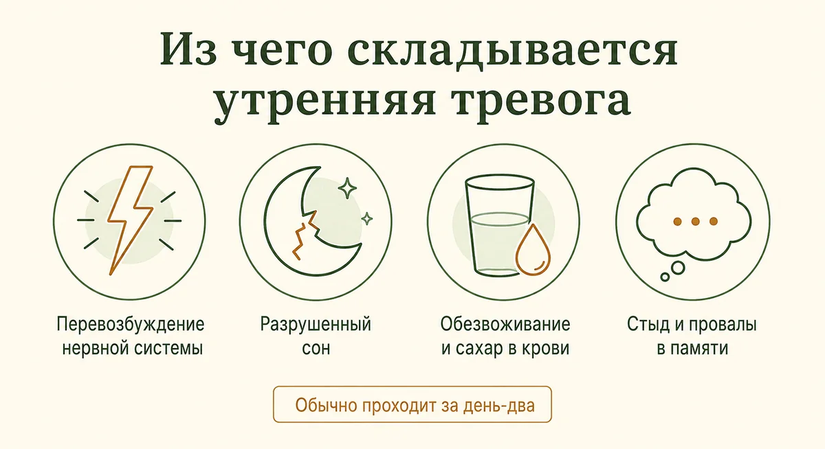 Из чего складывается утренняя тревога: перевозбуждение нервной системы, разрушенный сон, обезвоживание и сахар в крови, стыд и провалы в памяти