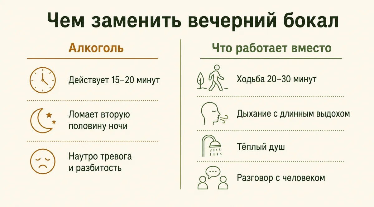 Чем заменить вечерний бокал: алкоголь действует 15-20 минут и ломает вторую половину ночи, вместо него - ходьба, дыхание с длинным выдохом, тёплый душ, разговор с человеком