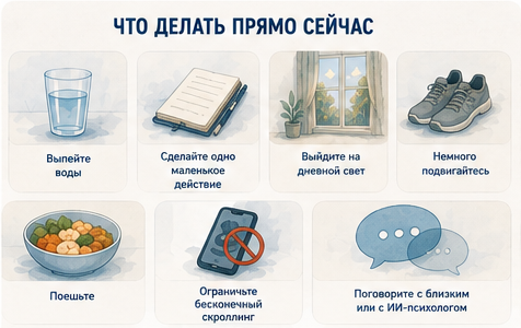 Что делать при апатии прямо сейчас: выпить воды, одно маленькое действие, дневной свет, движение, поесть, меньше скроллинга, поговорить