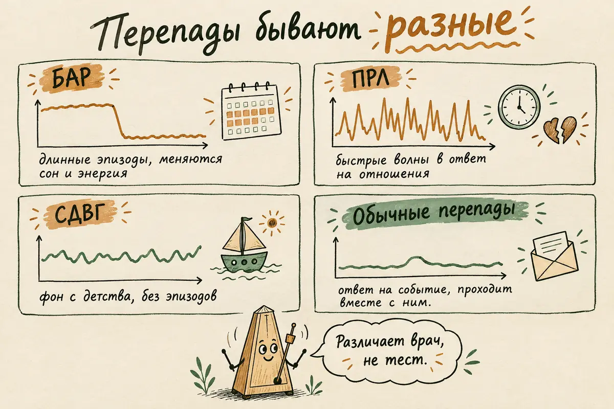 Чем биполярное расстройство отличается от пограничного расстройства, СДВГ и обычных перепадов настроения: длинные эпизоды против быстрых волн и ровного фона