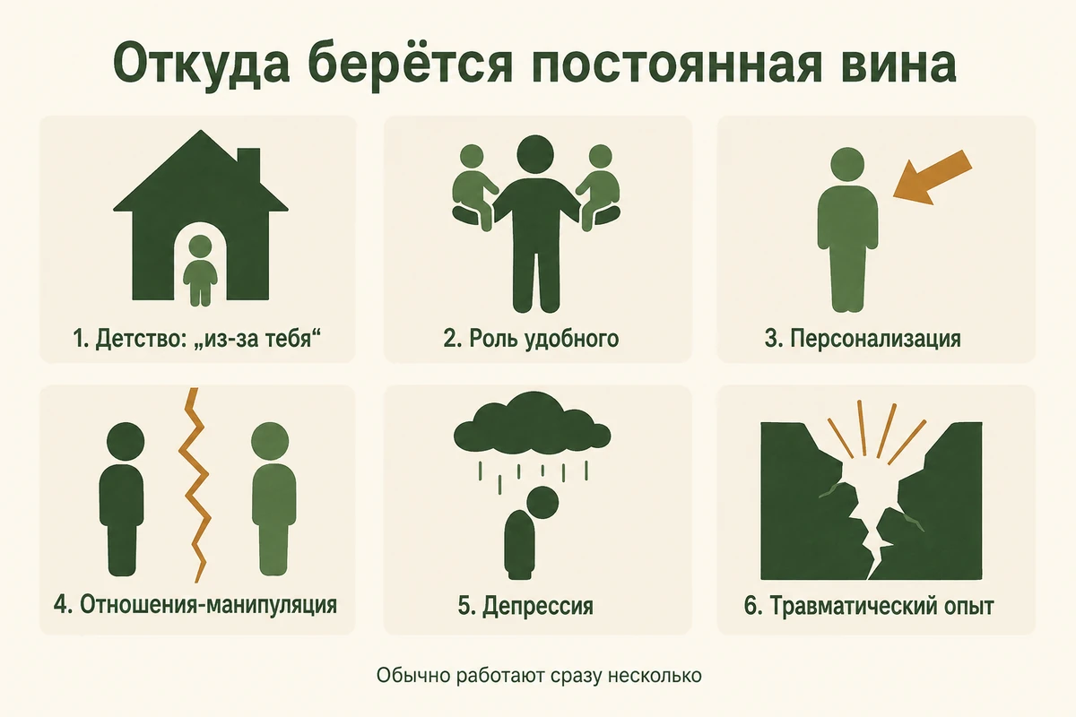 Шесть источников постоянного чувства вины: детство, роль удобного, персонализация, токсичные отношения, депрессия, травма