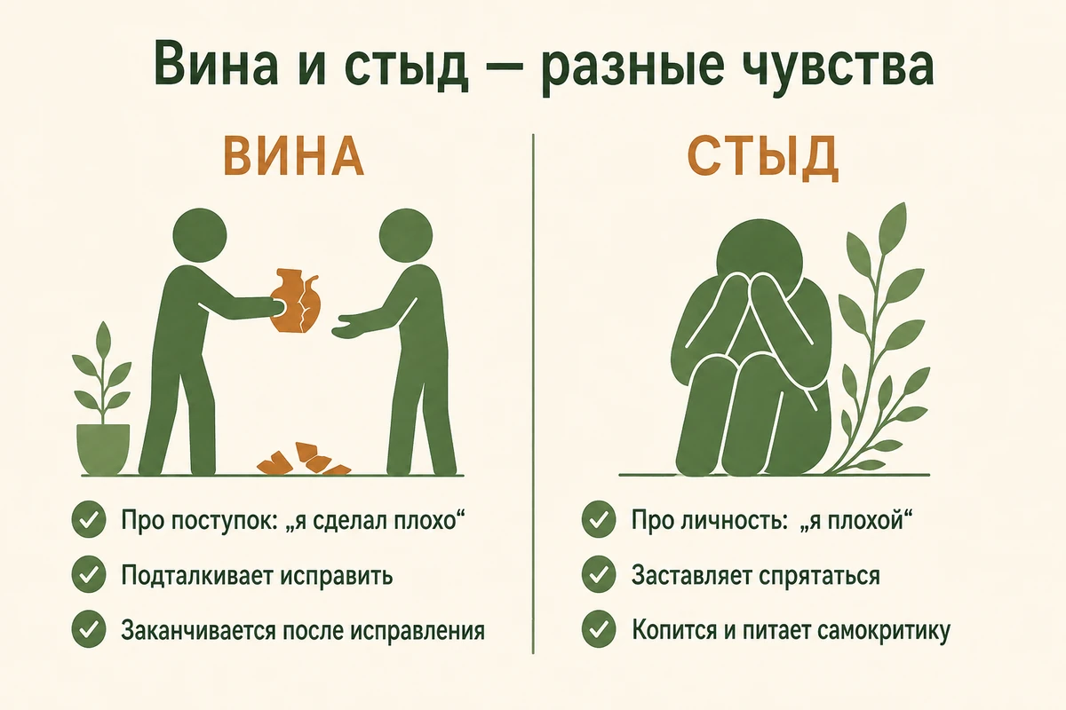 Схема: чем чувство вины отличается от стыда — поступок против личности