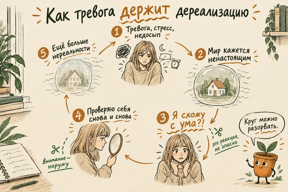 Замкнутый круг дереализации при тревоге: тревога, странное ощущение, страх сойти с ума, наблюдение за собой, ещё больше нереальности
