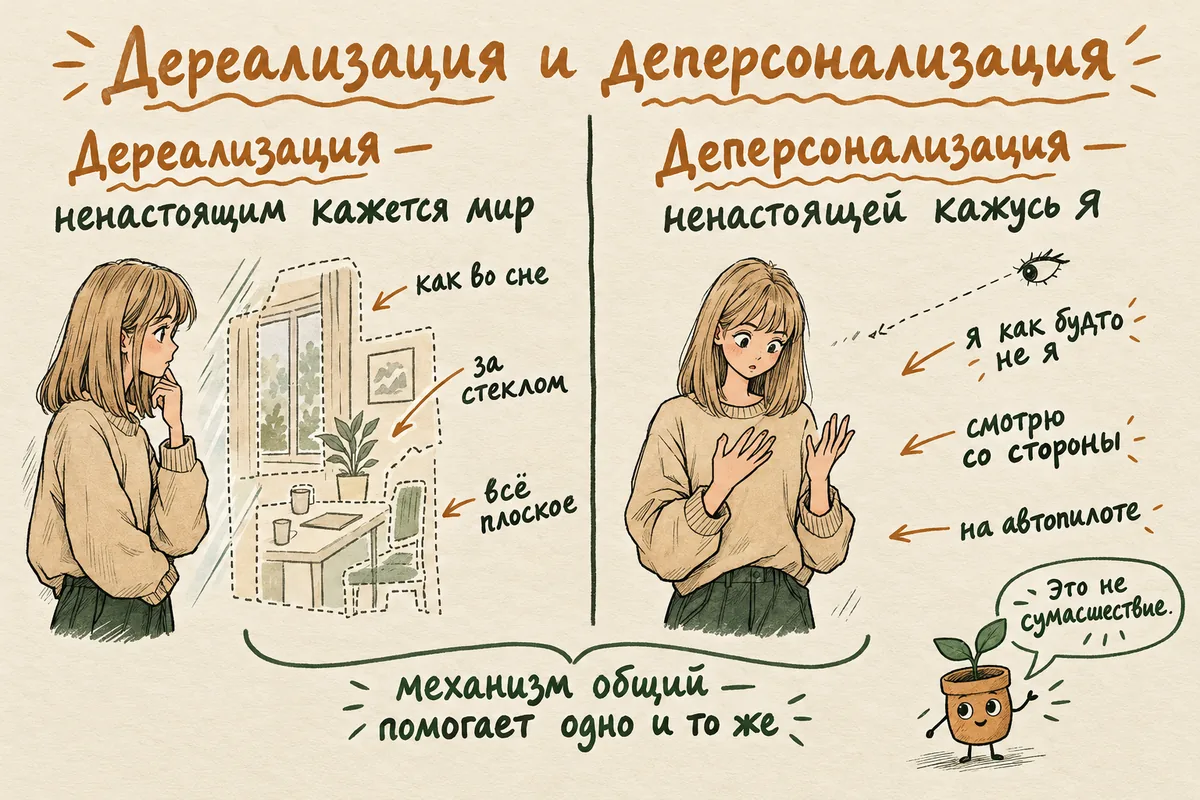 Дереализация и деперсонализация: слева мир за стеклом кажется плоским и ненастоящим, справа героиня смотрит на себя со стороны