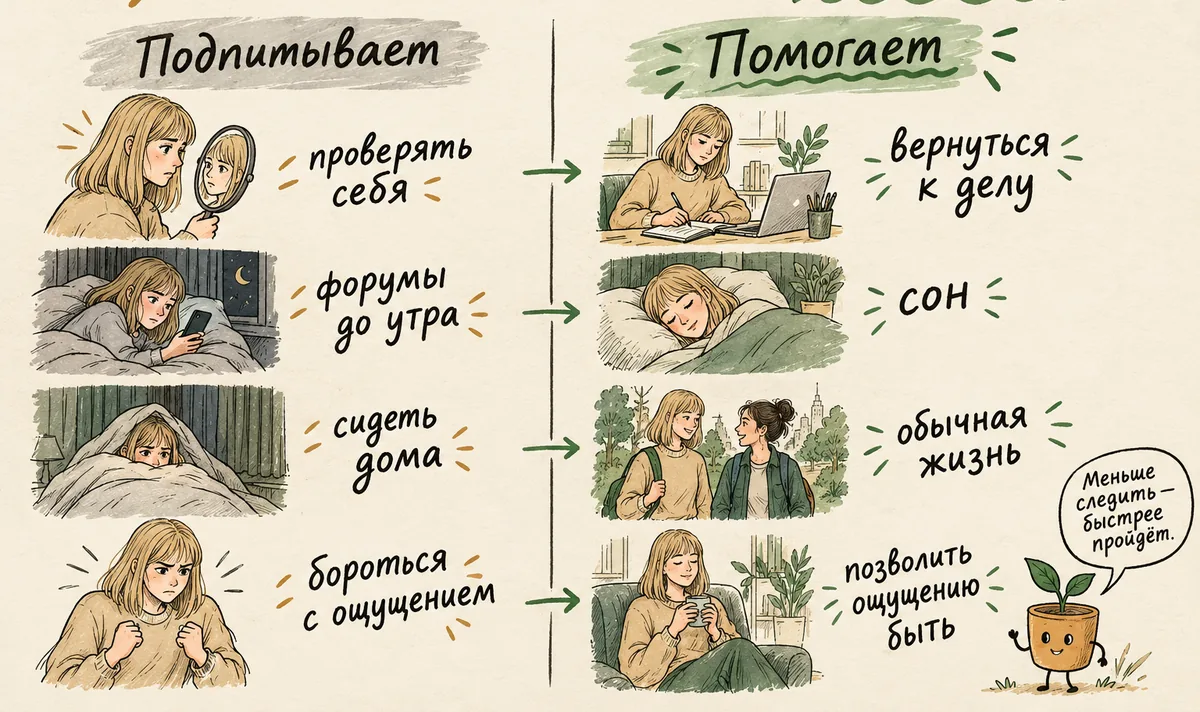 Что усиливает дереализацию и что помогает: слева проверка в зеркале, ночные форумы и избегание, справа сон, прогулка и разговор с близким