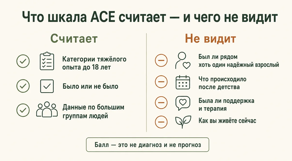 Что шкала ACE считает и чего не видит: считает категории тяжёлого опыта до 18 лет, не видит поддержку, терапию и то, как человек живёт сейчас