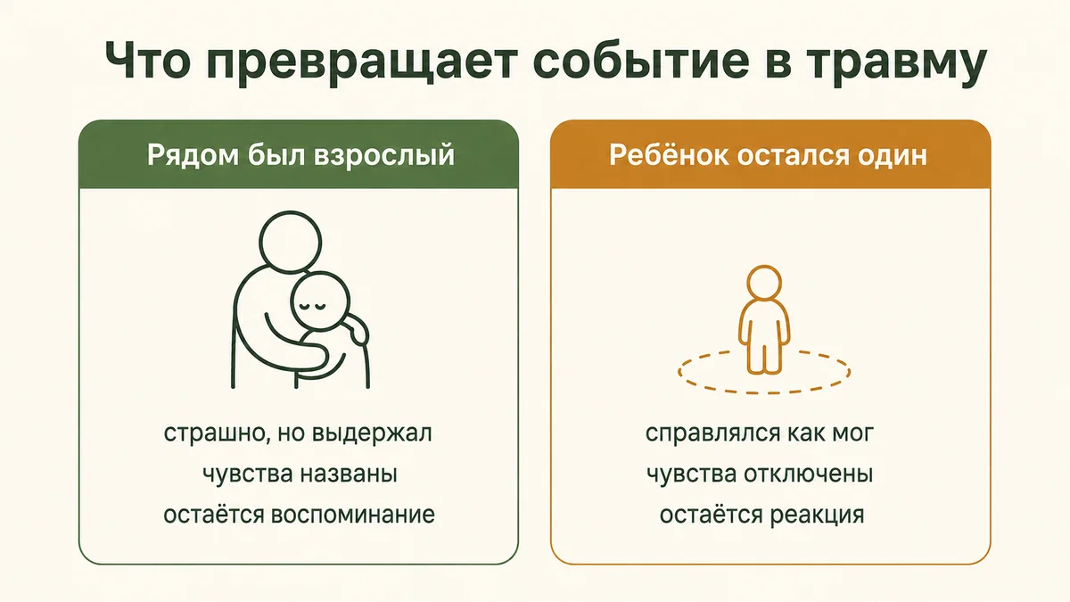 Что превращает событие в травму: если рядом был взрослый — остаётся воспоминание, если ребёнок остался один — остаётся реакция