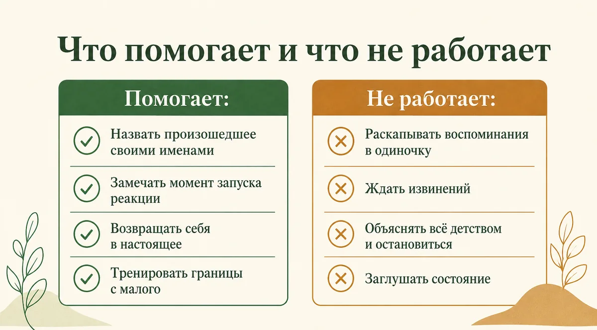 Что помогает при работе с детской травмой и что не работает: назвать произошедшее, замечать запуск реакции, возвращать себя в настоящее, тренировать границы — против раскапывания воспоминаний в одиночку и ожидания извинений