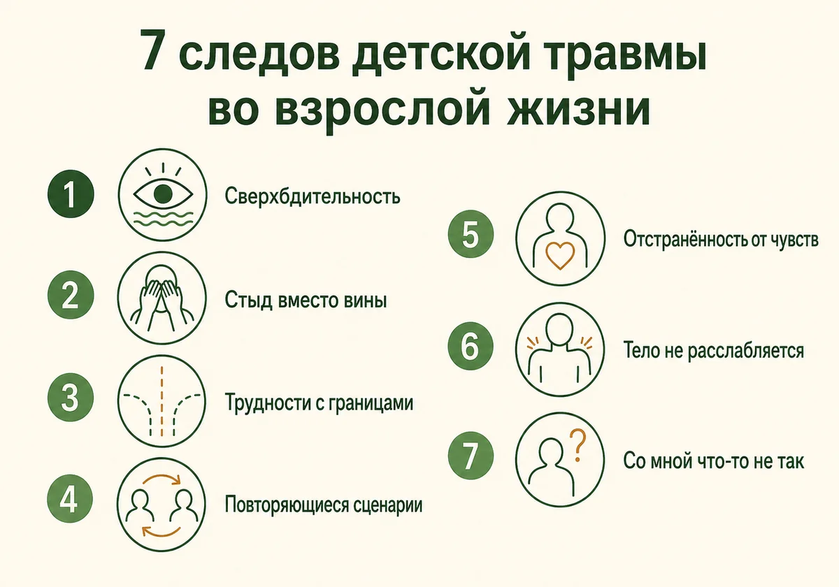 7 следов детской травмы во взрослой жизни: сверхбдительность, стыд вместо вины, трудности с границами, повторяющиеся сценарии, отстранённость от чувств, тело не расслабляется, «со мной что-то не так»