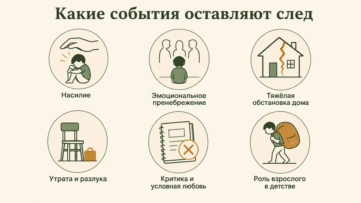 Какие события оставляют след: насилие, эмоциональное пренебрежение, тяжёлая обстановка дома, утрата и разлука, критика и условная любовь, роль взрослого в детстве