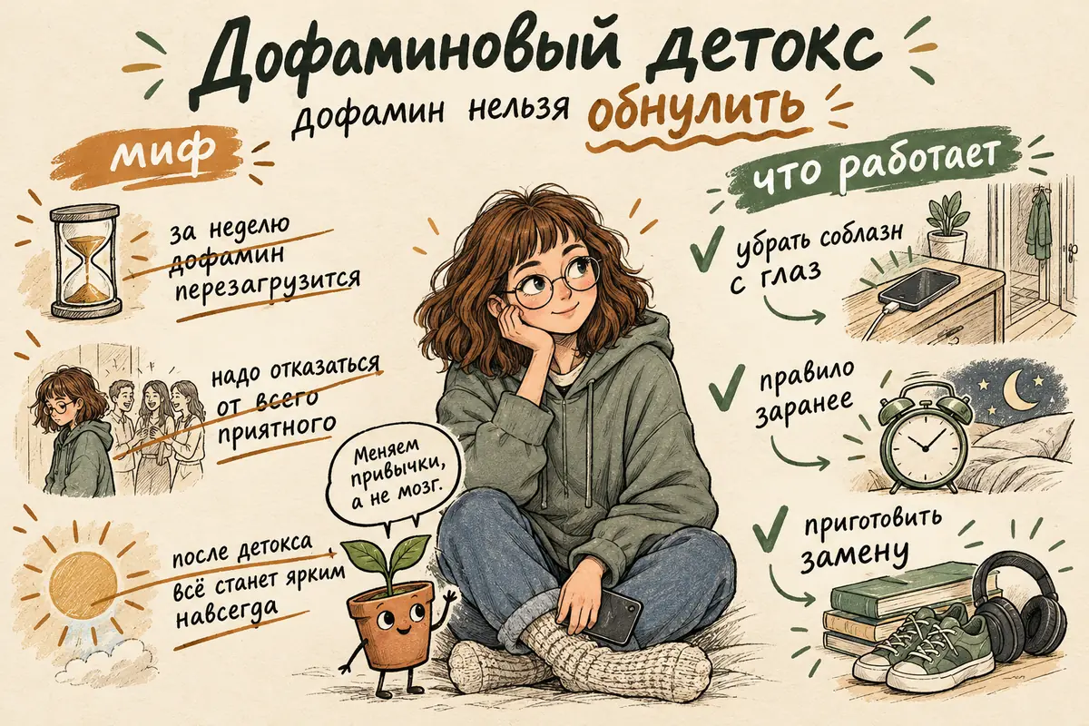 Дофаминовый детокс: мифы о перезагрузке дофамина и то, что действительно помогает — убрать соблазн, поставить правило, приготовить замену