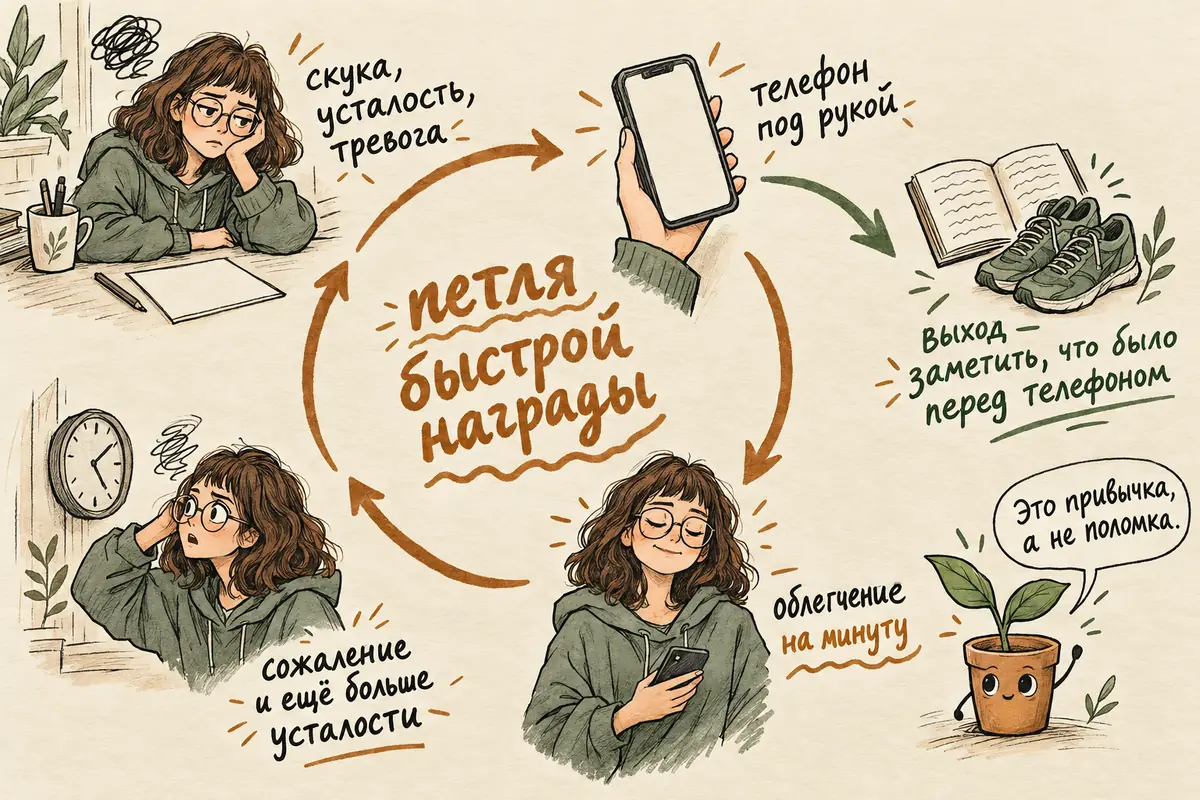 Петля лёгкого дофамина: скука или усталость, телефон под рукой, короткое облегчение, сожаление о потерянном времени, ещё больше усталости