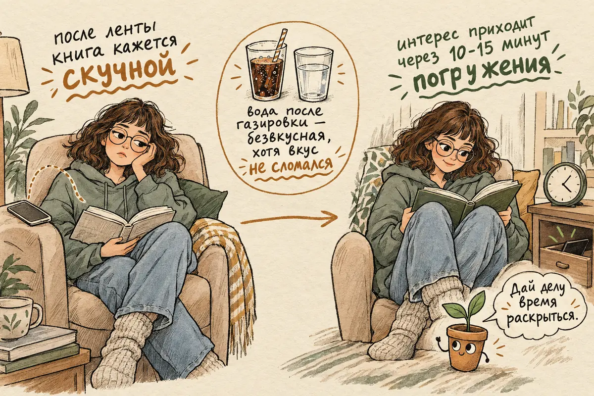 Почему после ленты всё кажется пресным: книга кажется скучной, как вода после газировки, но интерес приходит через 10–15 минут погружения