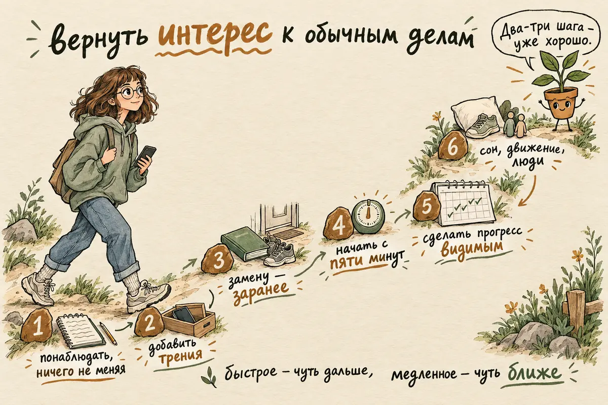 Как вернуть интерес к обычным делам: добавить трения к телефону, приготовить замену, начать с пяти минут, вернуть сон, движение и людей