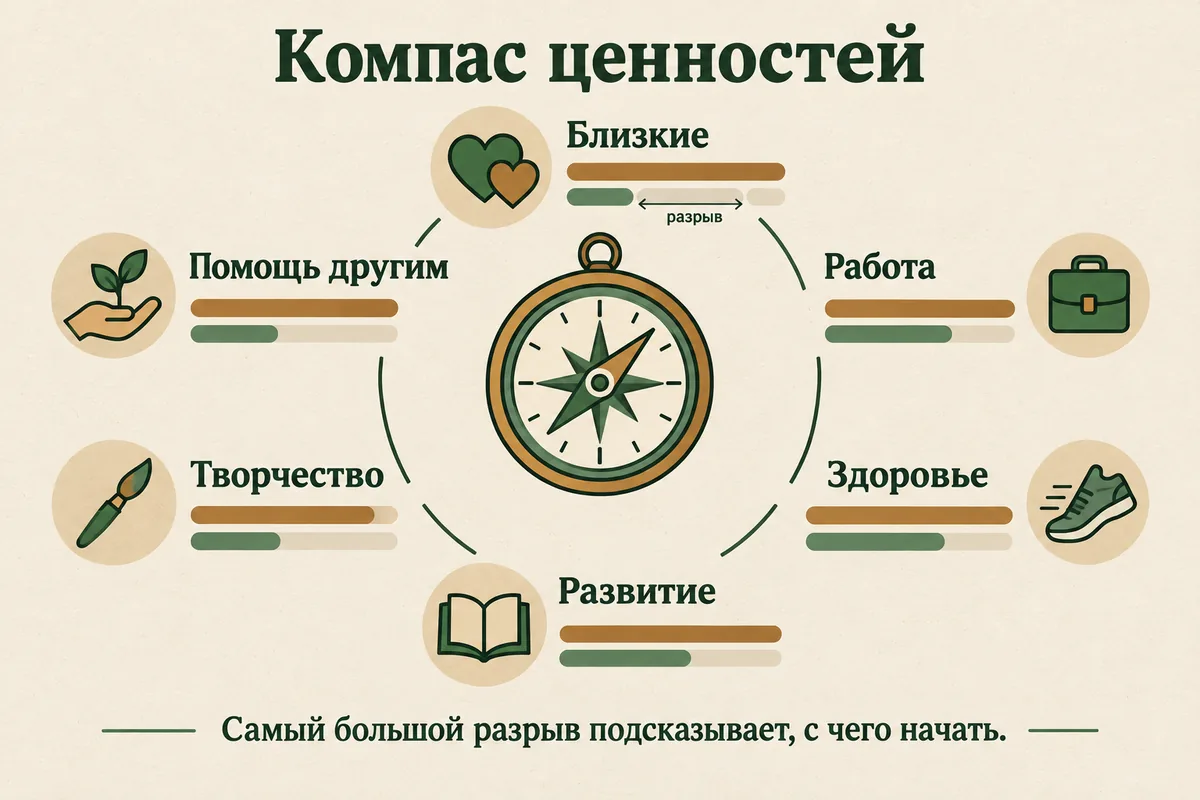 Упражнение «Компас ценностей»: сферы жизни с оценкой важности и того, насколько человек живёт по ним сейчас