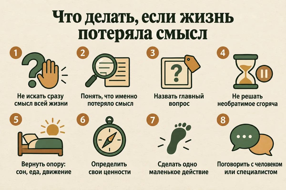 Восемь шагов при экзистенциальном кризисе: не искать сразу смысл всей жизни, определить, что потеряло смысл, назвать главный вопрос, не решать необратимое сгоряча, вернуть опору тела, определить ценности, сделать маленький шаг, поговорить с человеком или специалистом
