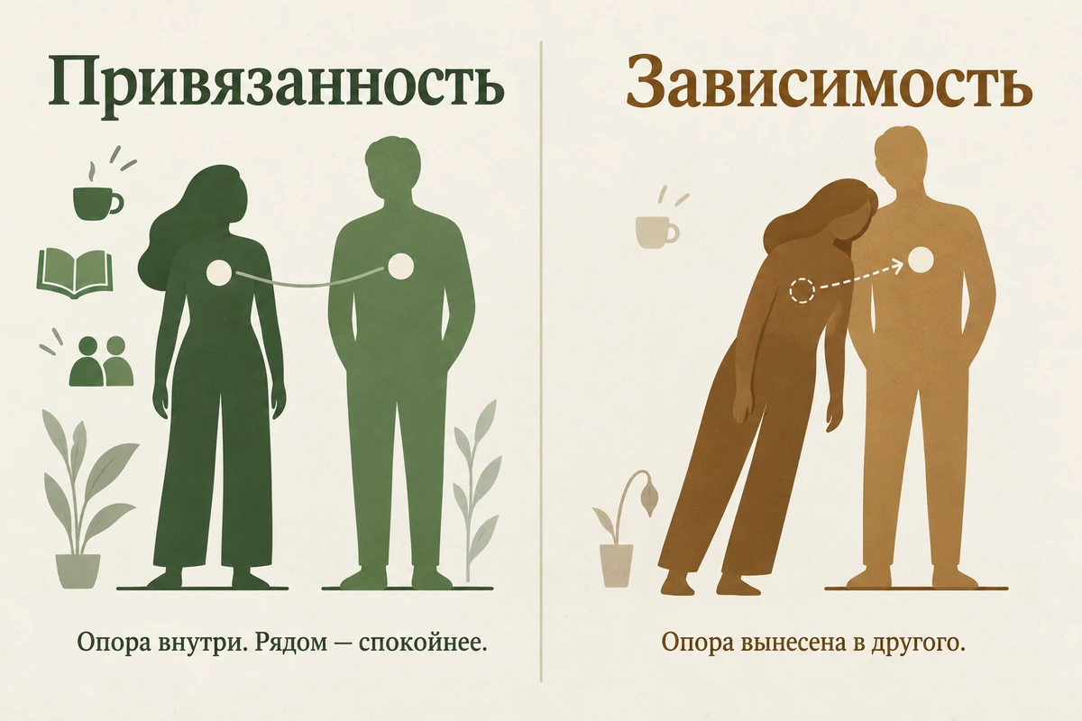 Схема: при здоровой привязанности опора внутри человека, при зависимости она вынесена в партнёра