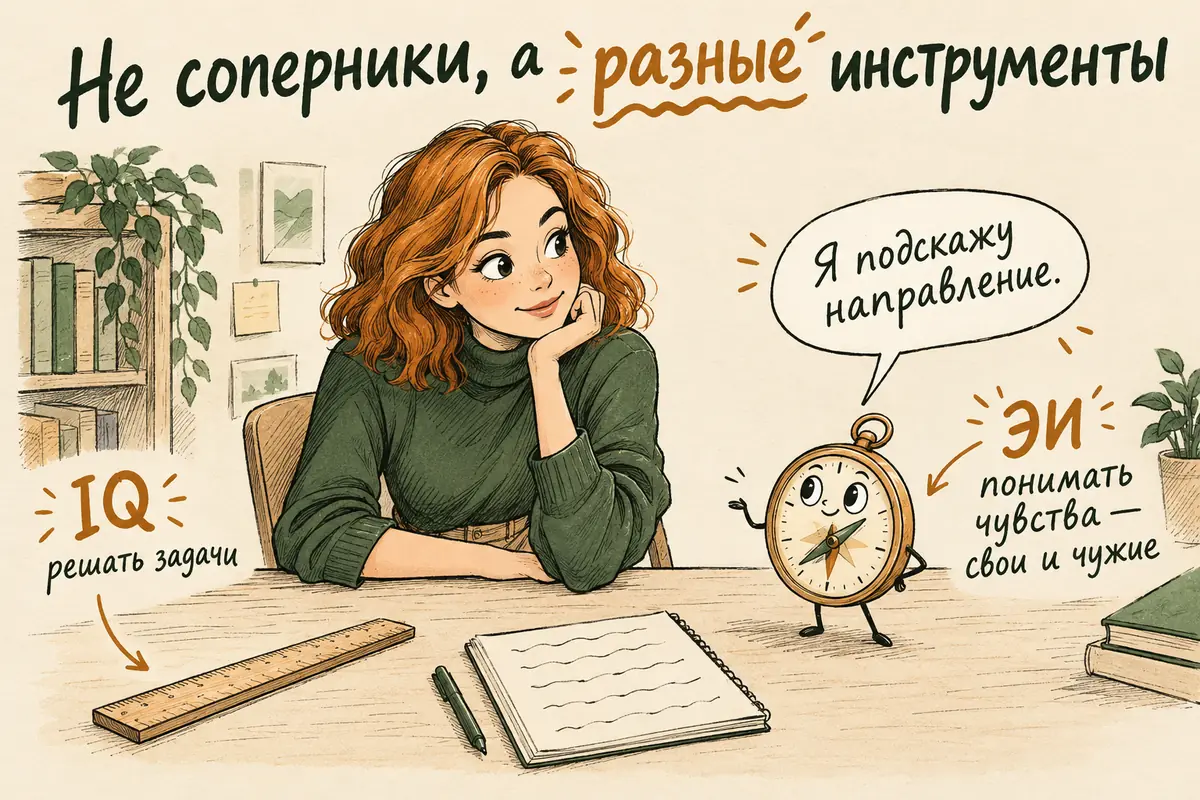 Эмоциональный интеллект и IQ: два инструмента на столе героини — линейка с подписью «IQ» и компас с подписью «ЭИ», каждый нужен для своей задачи