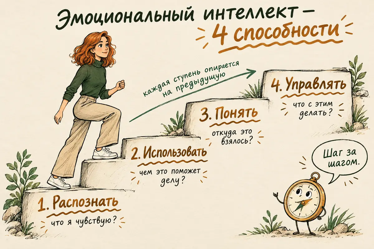Из чего состоит эмоциональный интеллект: лестница из четырёх ступеней — распознать, использовать, понять, управлять, по которой поднимается героиня