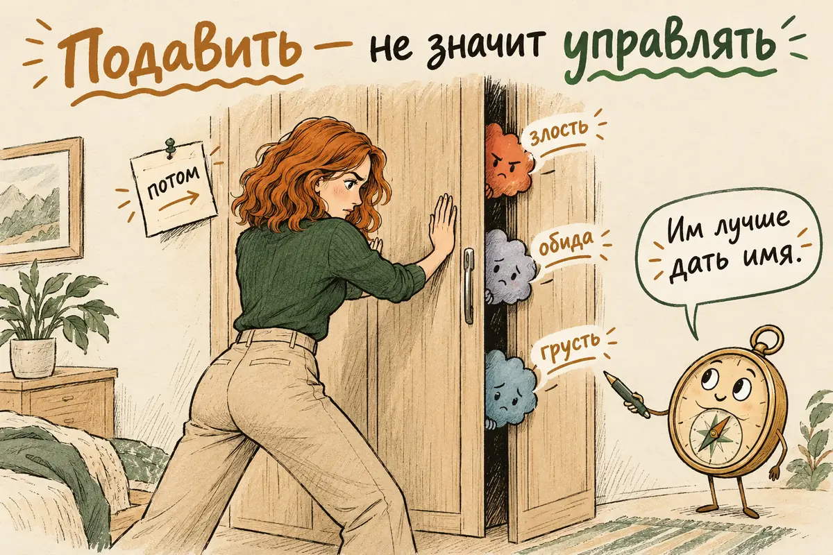 Ошибки в развитии эмоционального интеллекта: героиня запирает чувства в шкаф с подписью «потом», а они выглядывают из щели
