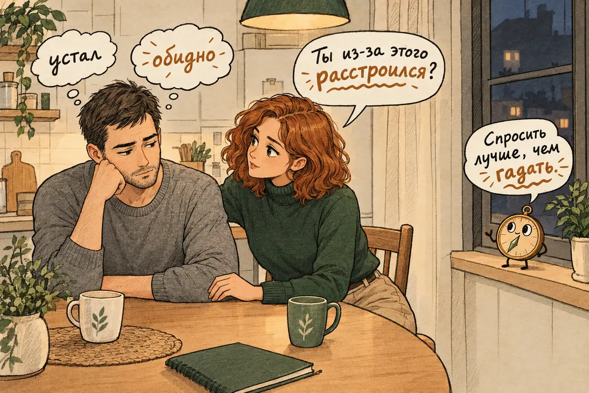 Эмоциональный интеллект в отношениях: героиня и её партнёр сидят на кухне, над ними облачка «обидно» и «устал», героиня спрашивает: «Ты из-за этого расстроился?»