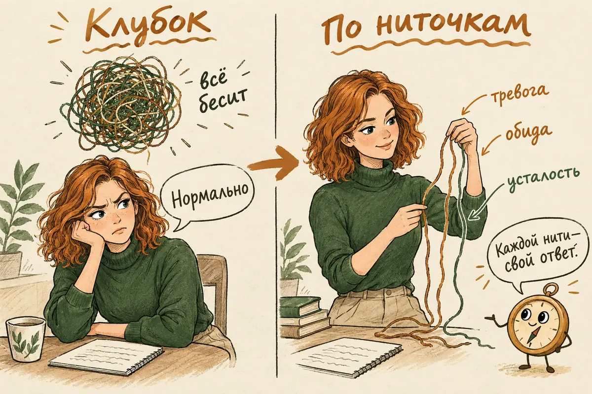 Признаки эмоционального интеллекта: слева героиня отвечает «нормально», а над ней клубок спутанных чувств, справа она раскладывает тот же клубок на подписанные нити — тревога, обида, усталость