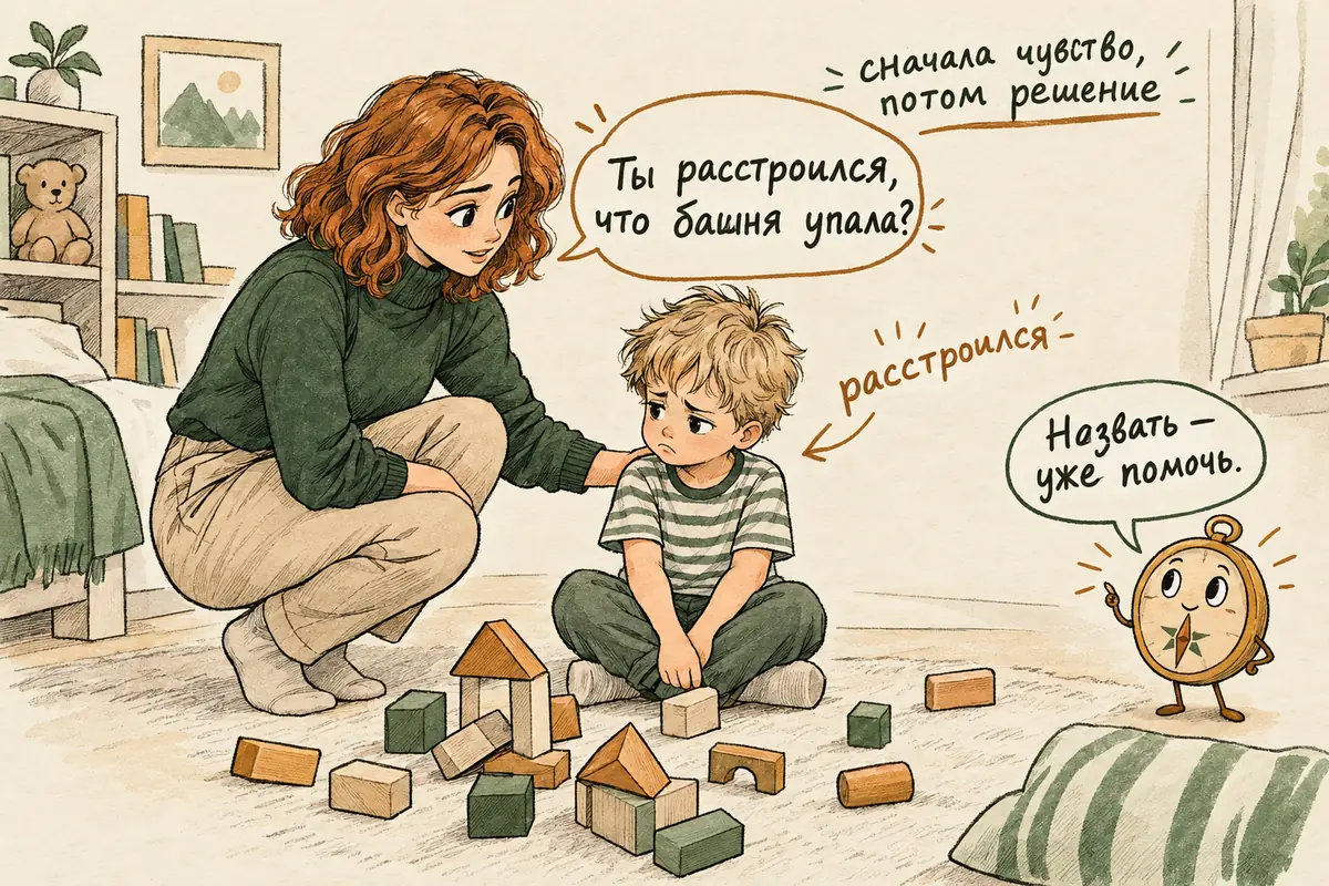 Эмоциональный интеллект ребёнка: мама присела на корточки рядом с расстроенным ребёнком у упавшей башни из кубиков и говорит: «Ты расстроился, что башня упала?»