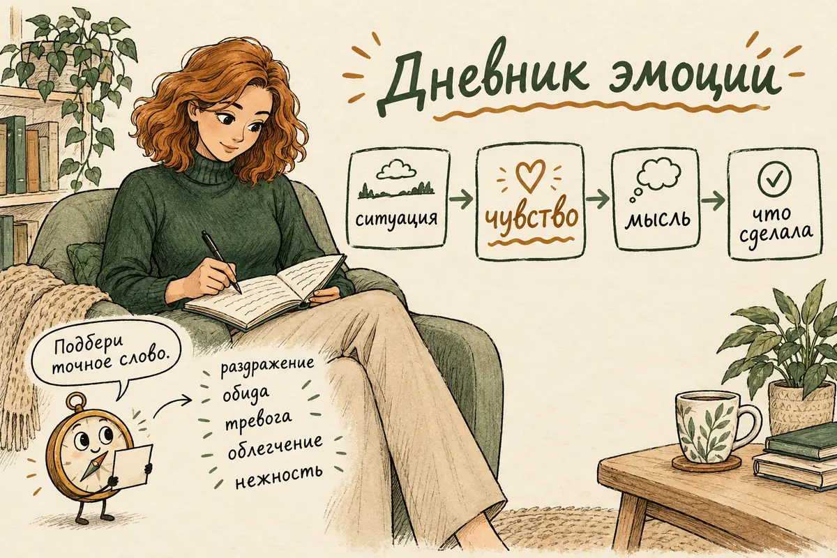 Как развить эмоциональный интеллект: героиня с блокнотом записывает в дневник эмоций ситуацию, чувство, мысль и поступок, рядом талисман держит карточку со словами-эмоциями