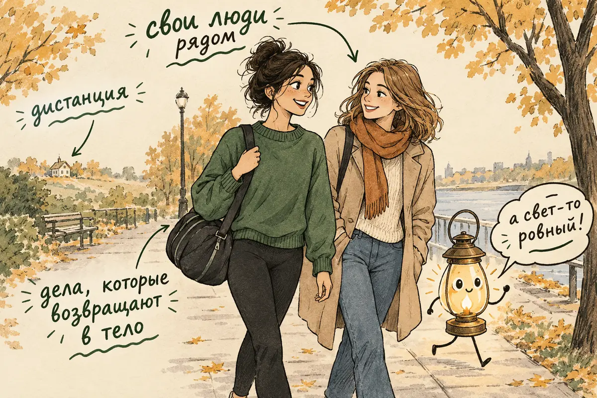 Как восстановиться после газлайтинга: человек спокойно идёт по светлой улице рядом с другом
