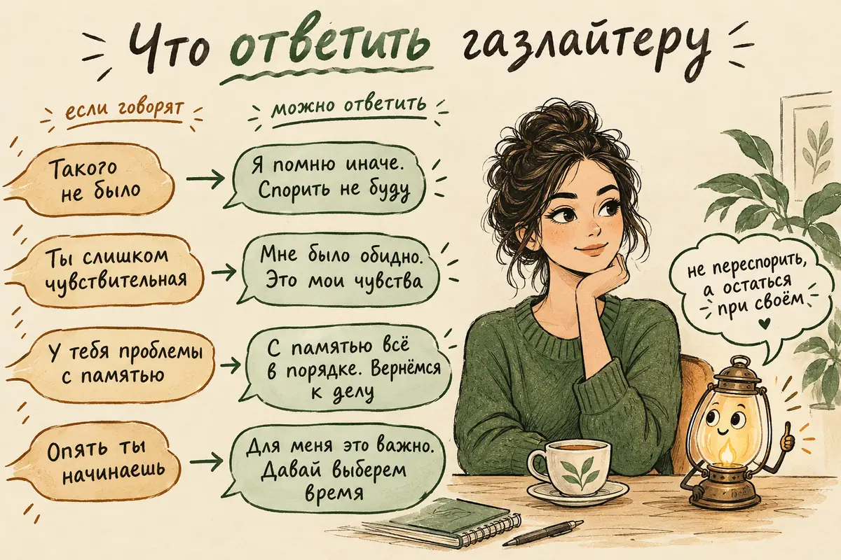 Что ответить газлайтеру: схема — четыре типичные фразы газлайтера и спокойные ответы на них, без спора о реальности