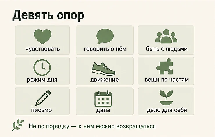 Девять опор, которые помогают пережить смерть близкого: чувствовать, говорить о нём, быть с людьми, режим дня, движение