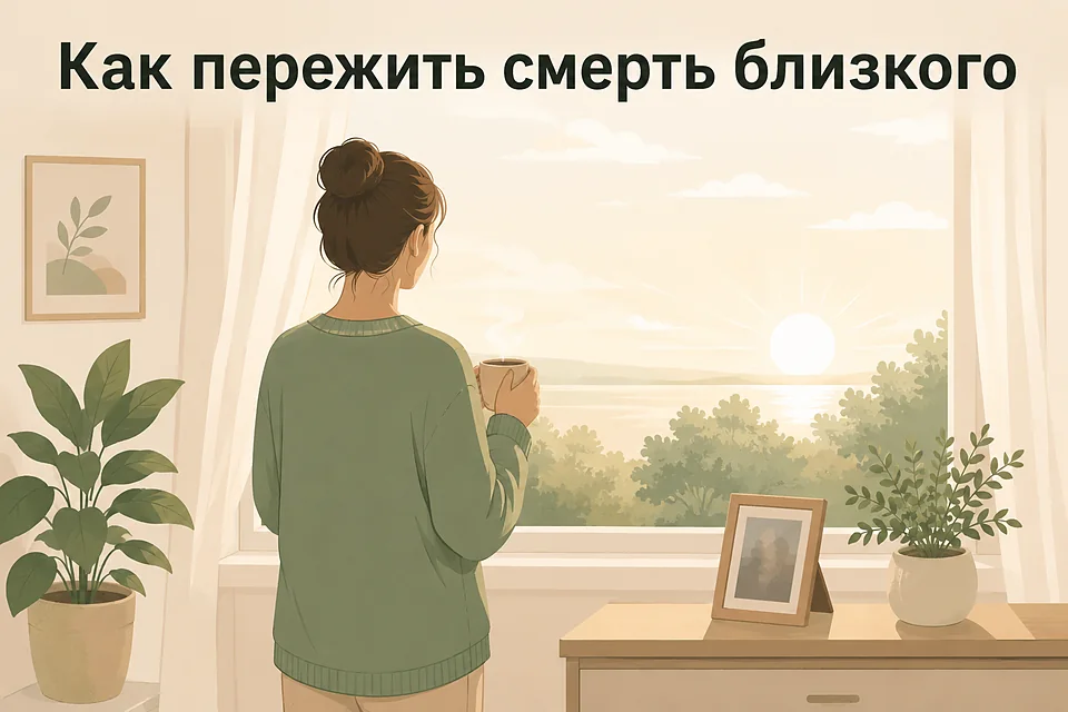 Как пережить смерть близкого человека — женщина с чашкой у окна на рассвете, рядом фотография в рамке