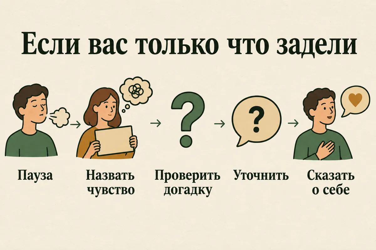 Как перестать обижаться в моменте: пауза, назвать чувство, проверить интерпретацию, уточнить, сказать о себе