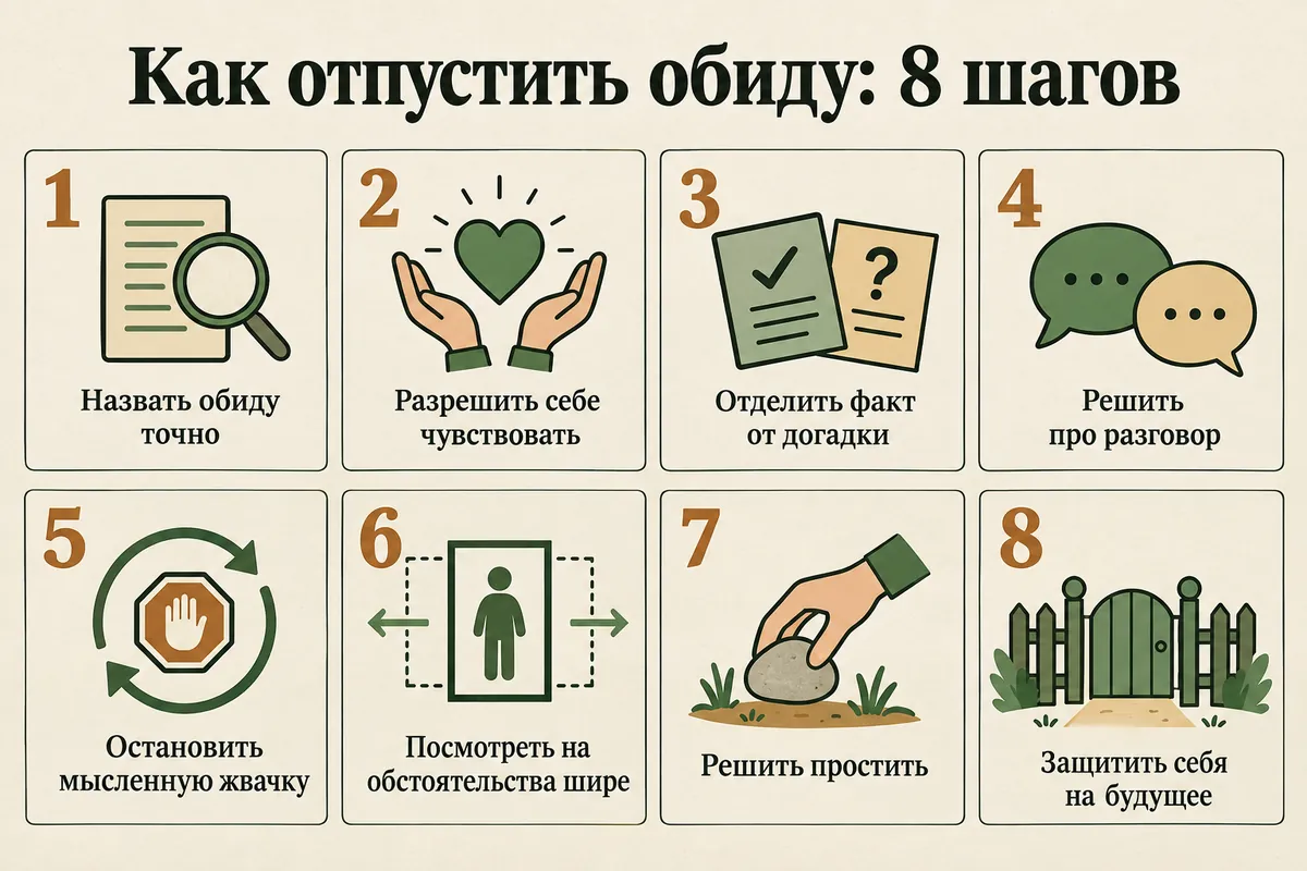 Как отпустить обиду: 8 шагов — назвать обиду точно, разрешить себе чувствовать, отделить факт от интерпретации, решить про разговор, остановить мысленную жвачку, посмотреть на обстоятельства шире, решить простить, защитить себя