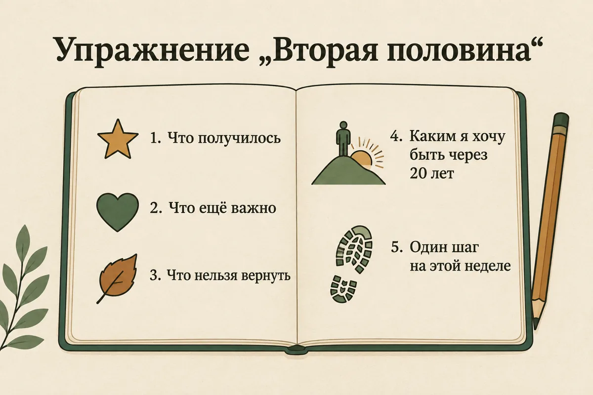 Упражнение «Вторая половина»: что получилось, что ещё важно, что нельзя вернуть, каким я хочу быть через 20 лет и один шаг на этой неделе