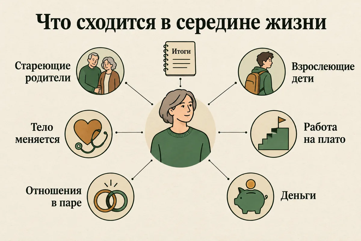 Что сходится в середине жизни: стареющие родители, взрослеющие дети, изменения тела, карьерное плато, отношения в паре, деньги и подведение итогов