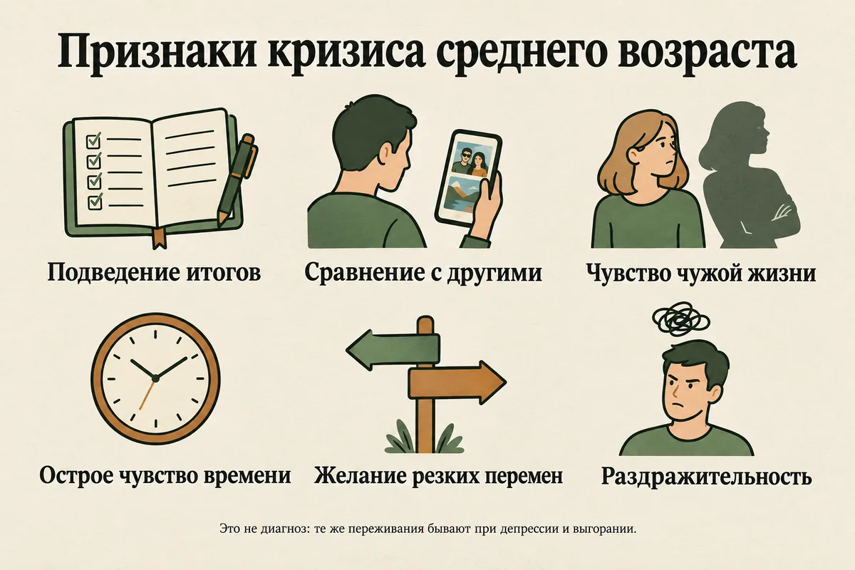 Признаки кризиса среднего возраста: подведение итогов, сравнение с другими, чувство чужой жизни, острое ощущение времени, желание резких перемен, раздражительность