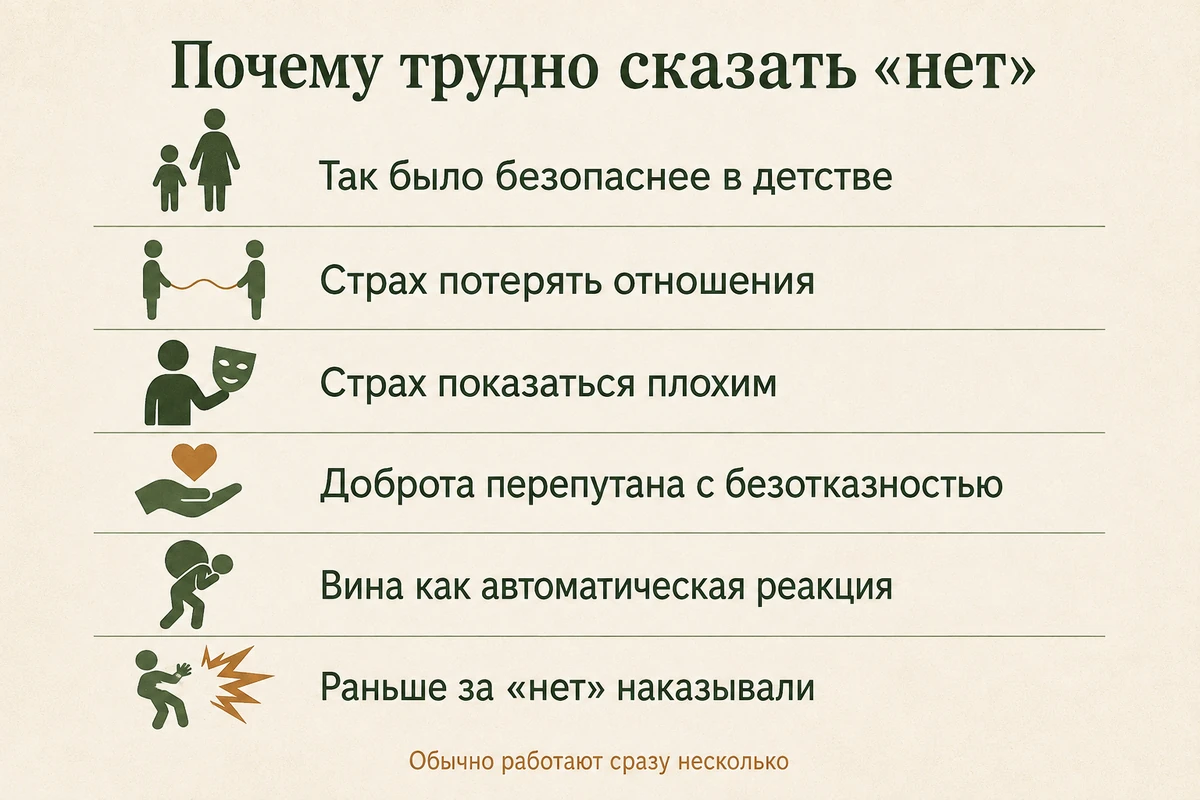 Шесть причин, почему трудно говорить нет: детский опыт, страх потерять отношения, страх показаться плохим, путаница доброты и безотказности, вина, наказание за отказ