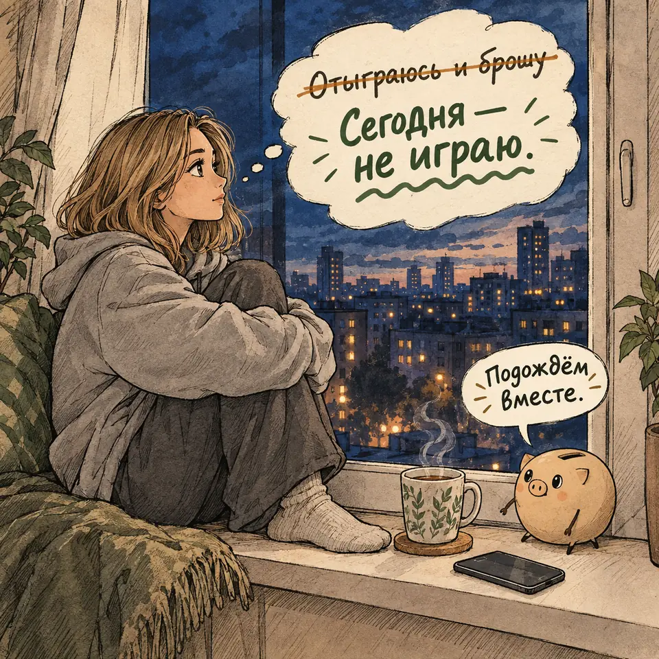 Выздоровление от лудомании по одному дню: женщина у окна вечером, мысль «отыграюсь и брошу» зачёркнута, вместо неё — «сегодня не играю»