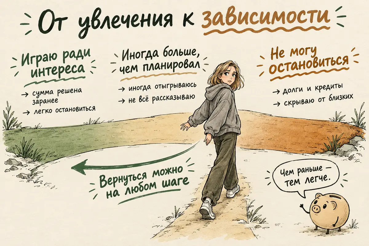 От увлечения к лудомании: шкала из трёх зон — «играю ради интереса», «иногда больше, чем планировал», «не могу остановиться» — с признаками каждой зоны