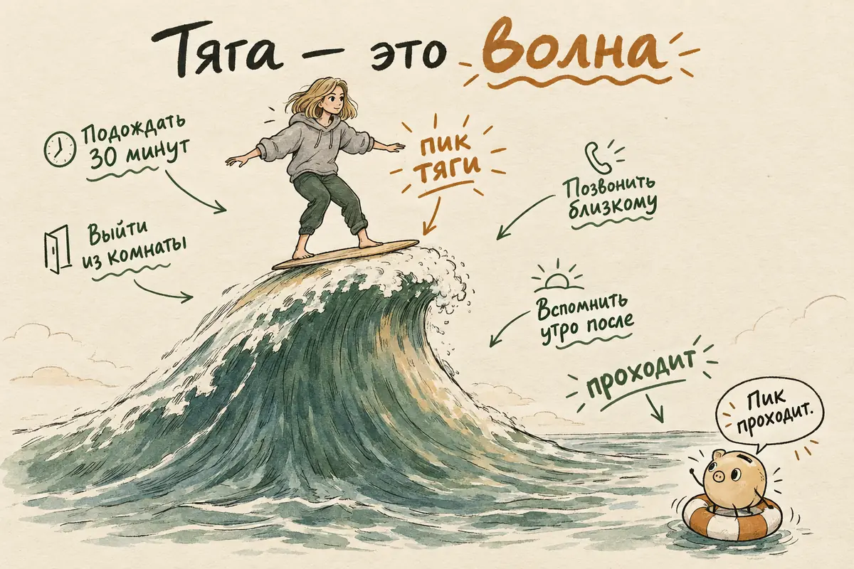 Волна тяги к игре: желание нарастает, достигает пика и спадает, если переждать; рядом то, что помогает пережить пик — отсрочка, другое место, звонок близкому