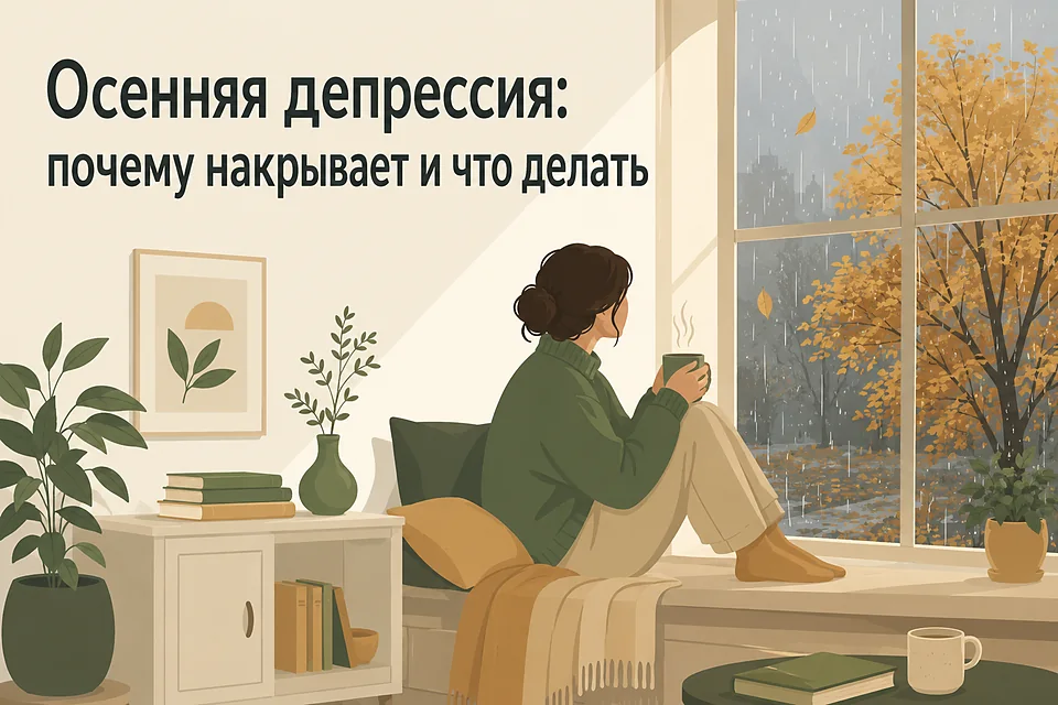 Осенняя депрессия: почему накрывает осенью и что делать — человек с чашкой чая у окна, за которым дождливое осеннее утро