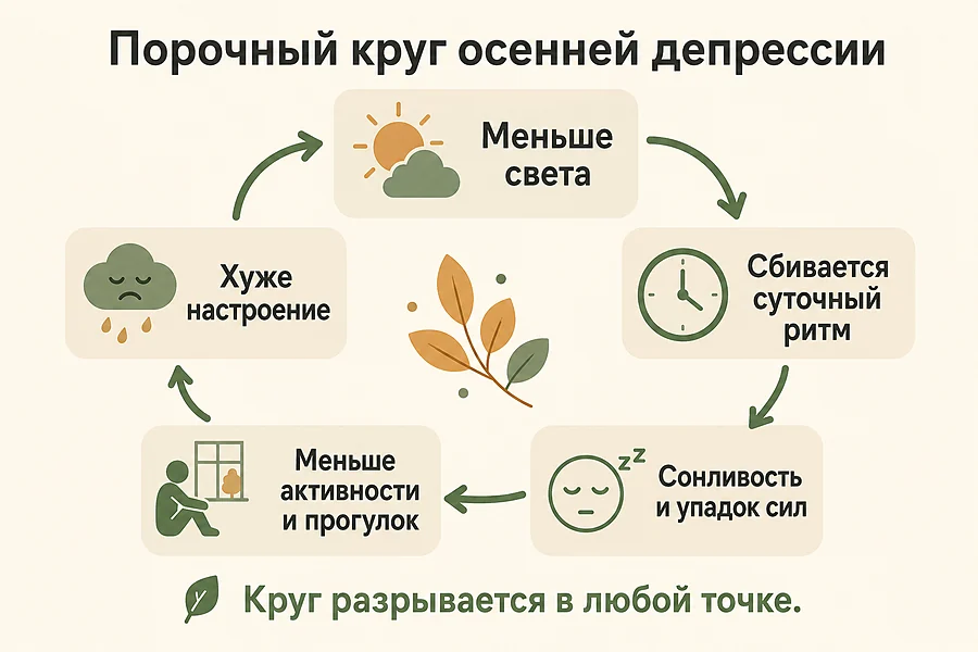 Порочный круг осенней депрессии: меньше света — сбивается суточный ритм — сонливость и упадок сил — меньше активности и прогулок — хуже настроение